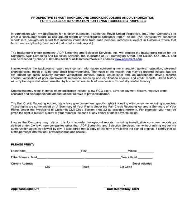 Printable Tenant Background Check Form Printable Forms Free Online