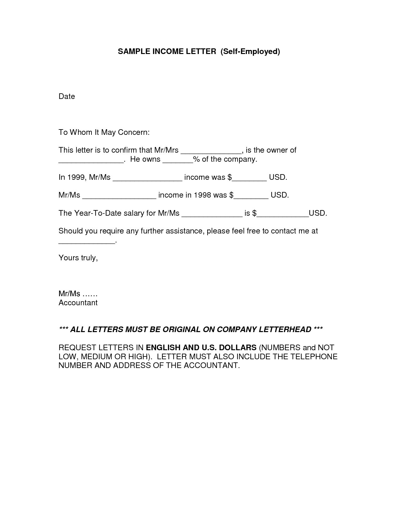Proof Of Income Letter Free Printable Documents