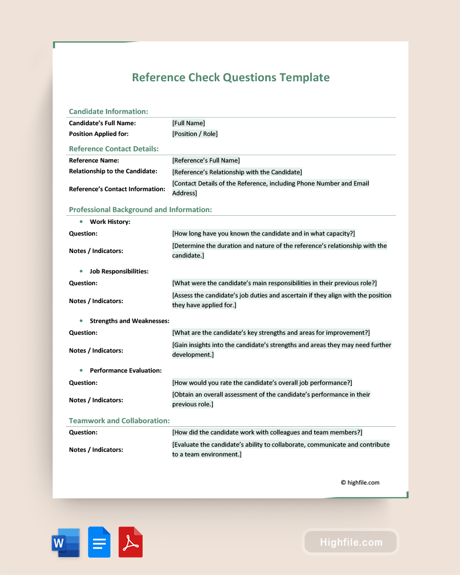 Reference Check Questions Template Word PDF Google Docs Highfile
