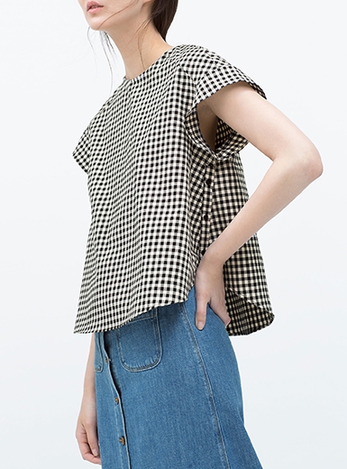 Women 39 s Shirt Black White Checked Pattern Raglan Sleeves With Cuff