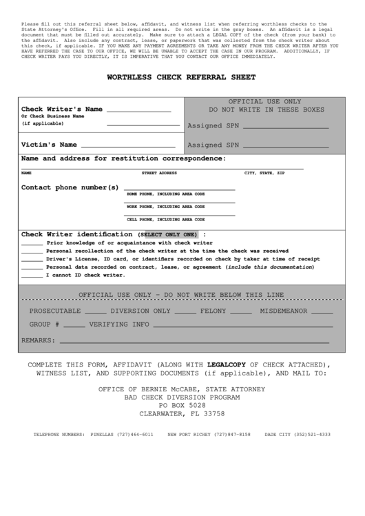 Worthless Check Referral Sheet worthless Check Affidavit worthless 