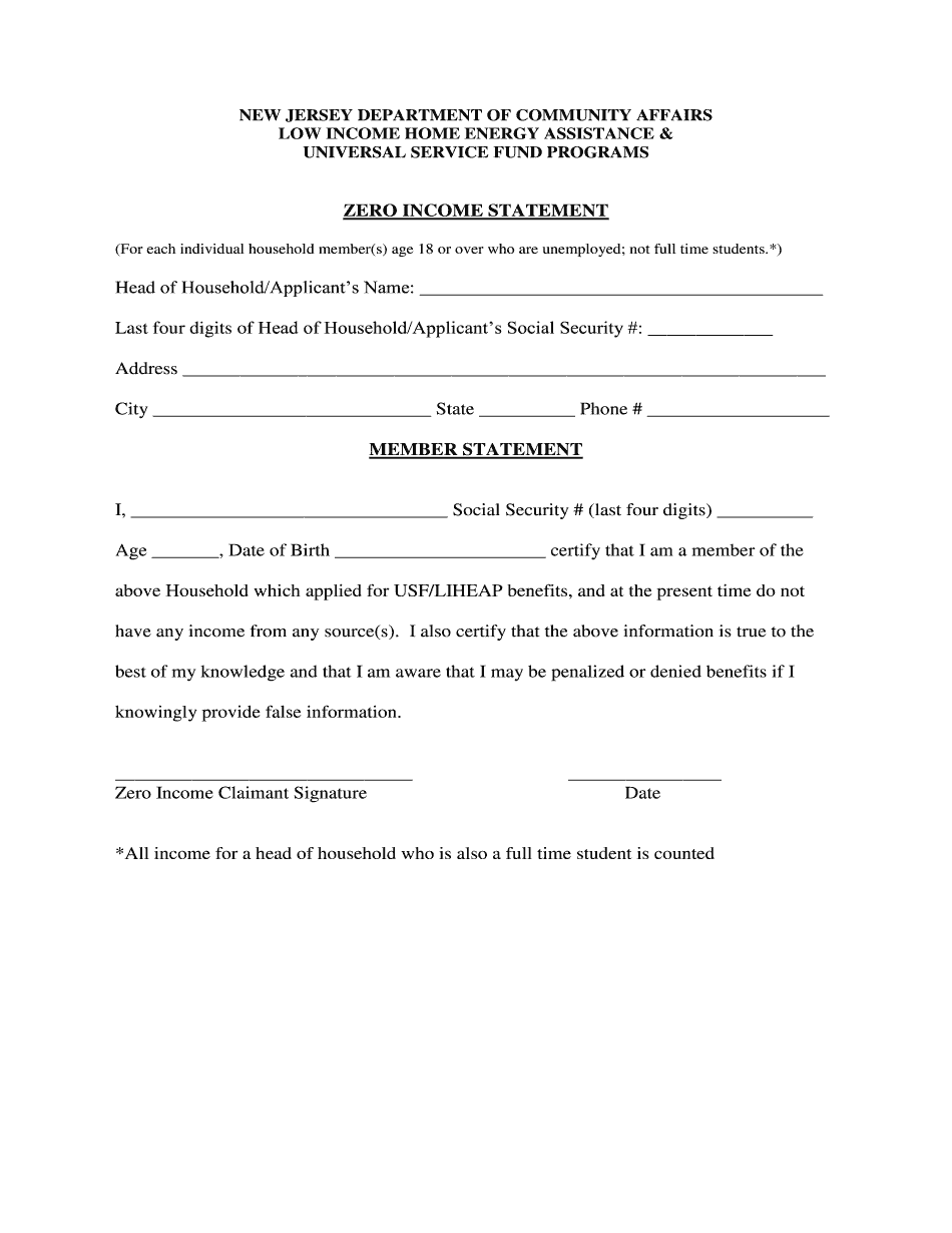 Zero Income Statement Form Create Fillable Document Free