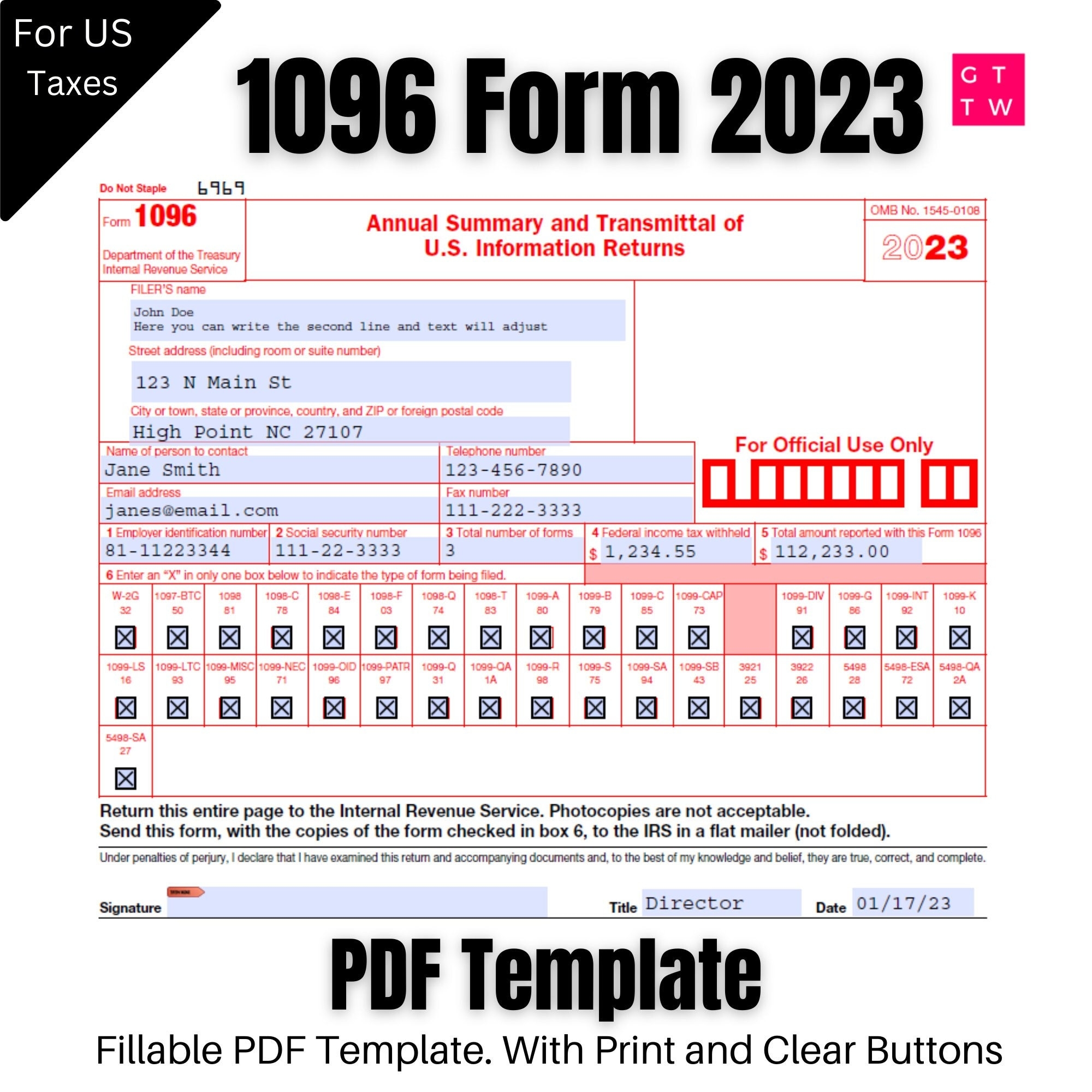 1096 IRS PDF Fillable Template 2023 2024 With Print And Clear 