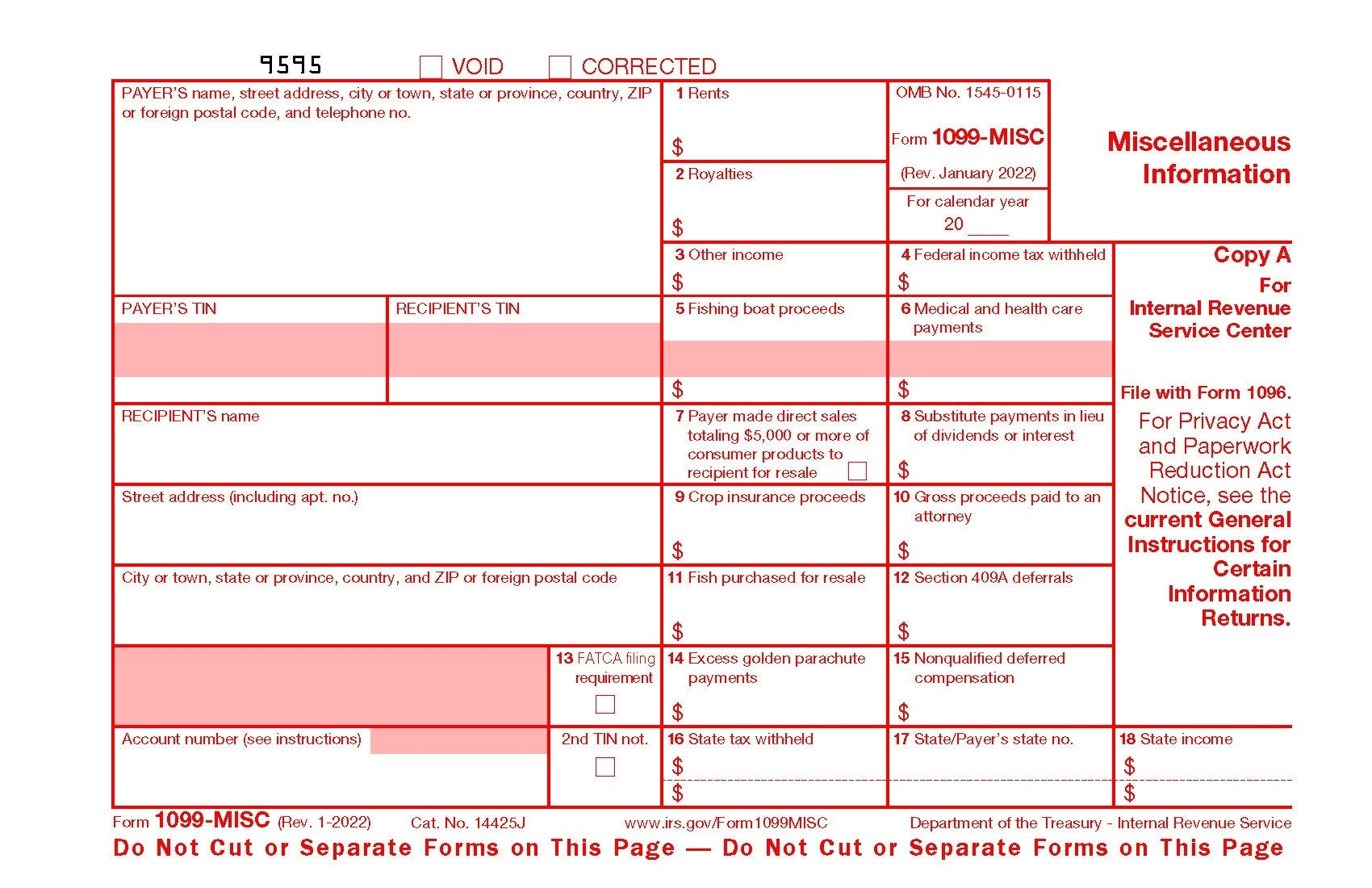 1099 MISC 1096 IRS Copy A 2024 Form Print Template For Word And 