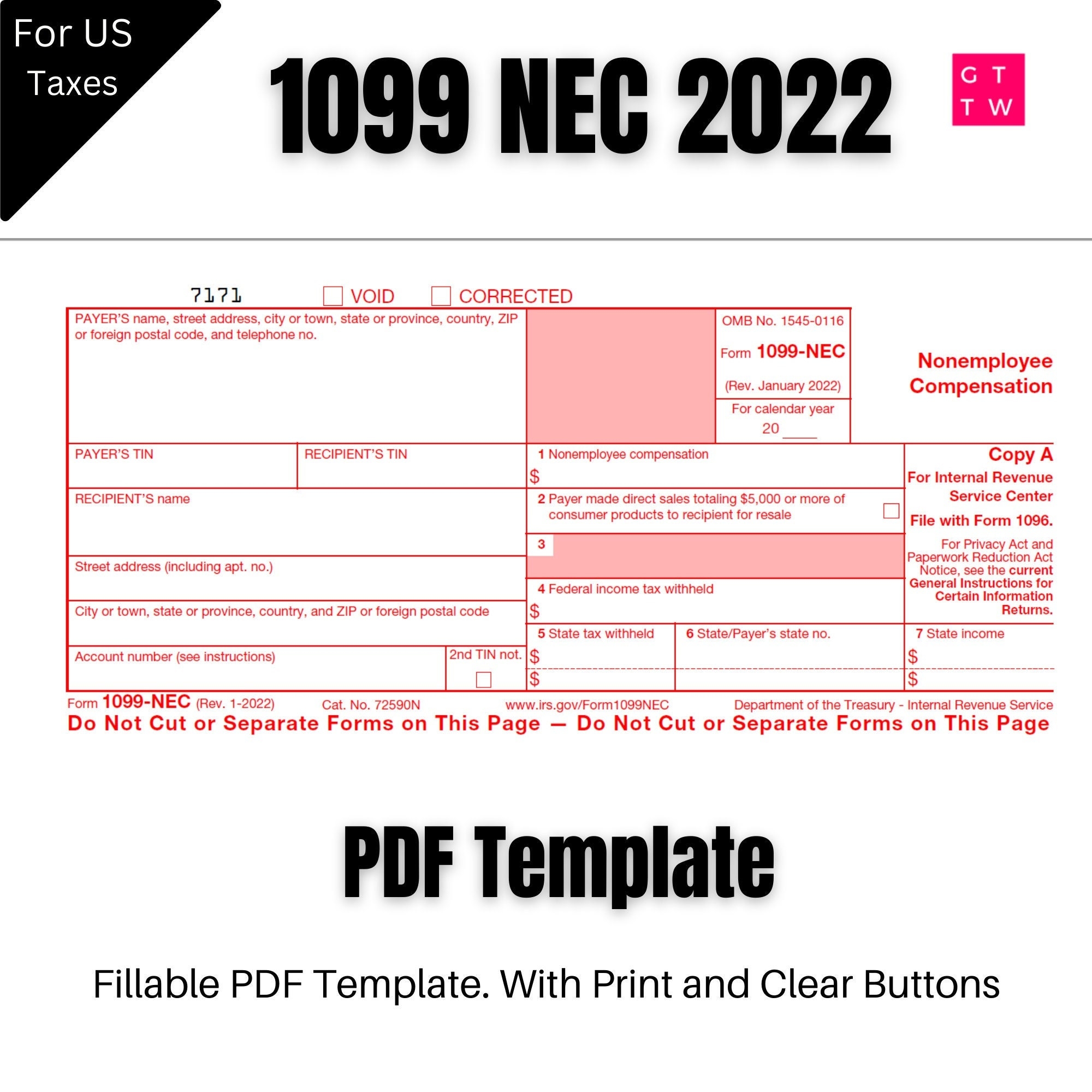 1099 NEC Editable PDF Fillable Template 2022 With Print And Clear Buttons Courier Font Etsy