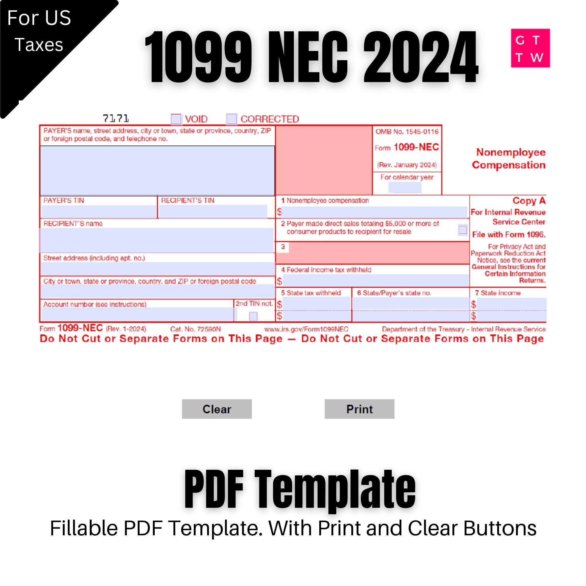 1099 NEC Editable PDF Fillable Template 2024 With Print And 