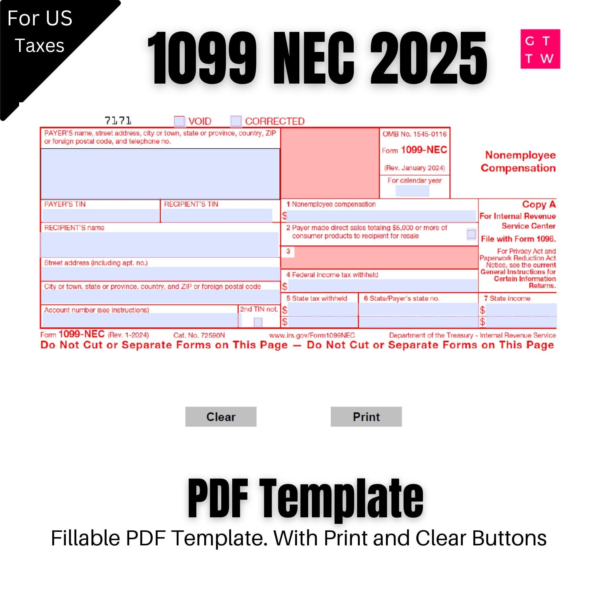 1099 NEC Editable PDF Fillable Template 2025 With Print And 