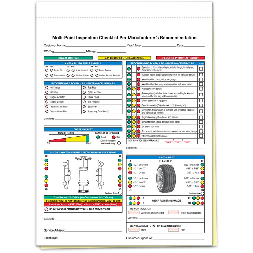 2 Part Vehicle Inspection Form Car Dealership Forms