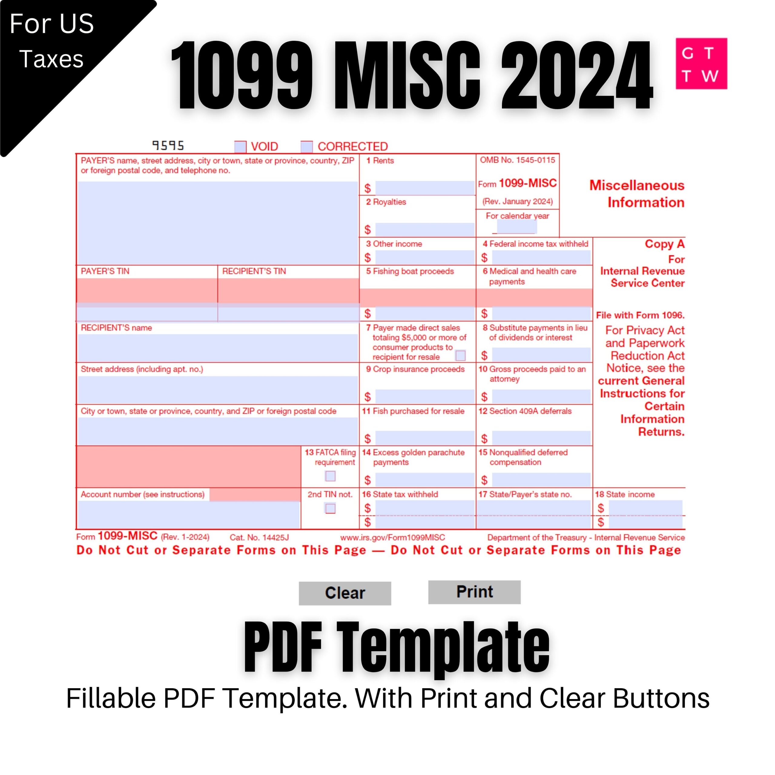 2024 1099 MISC Form Fillable Print Template digital Download 