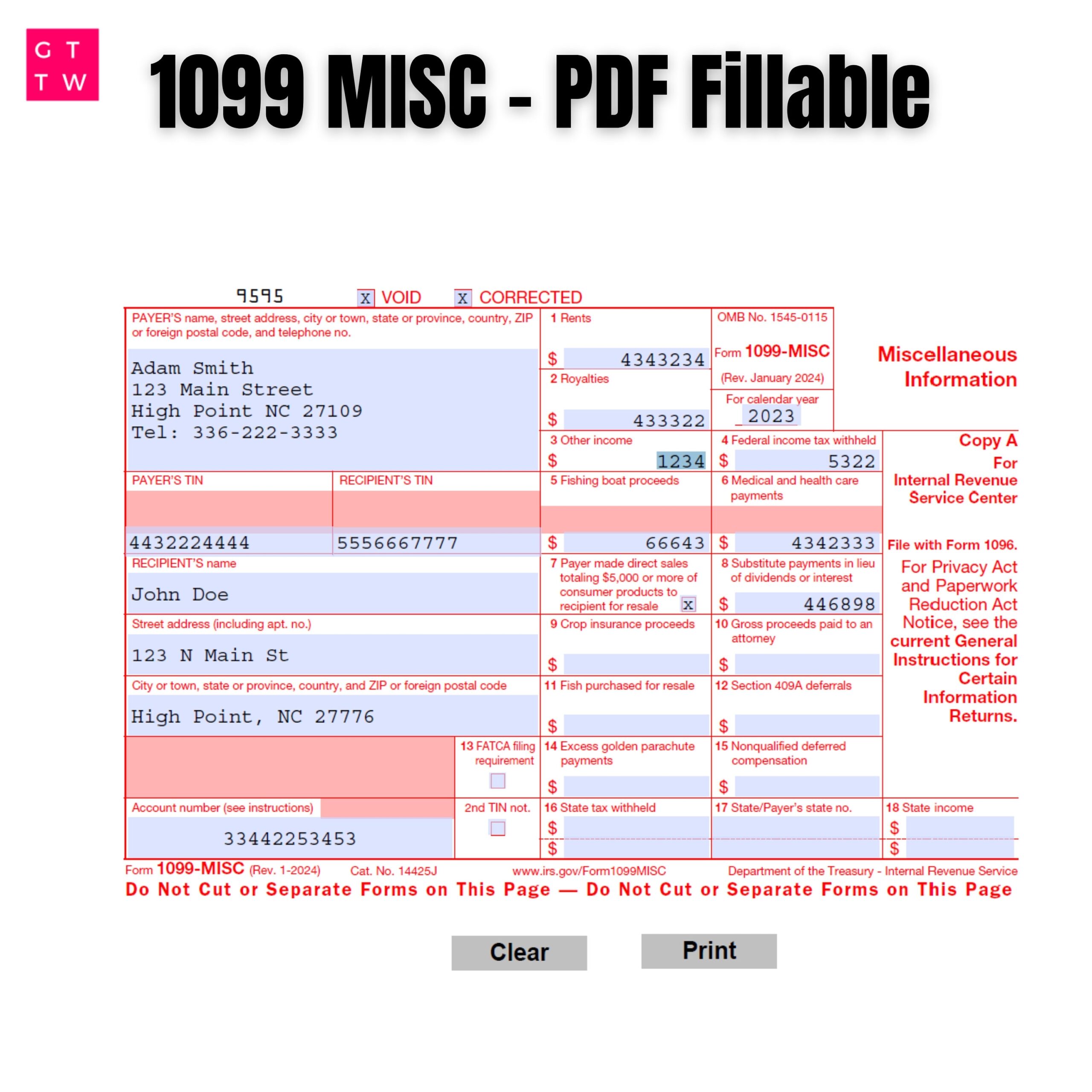 2024 1099 MISC Form Fillable Print Template digital Download 