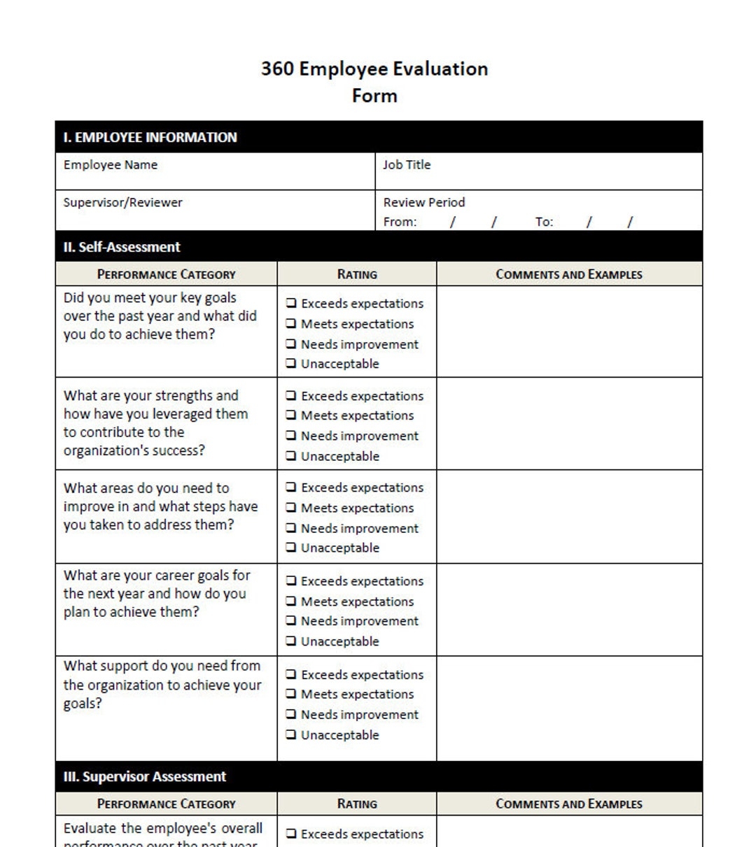 360 Employee Evaluation Form Etsy