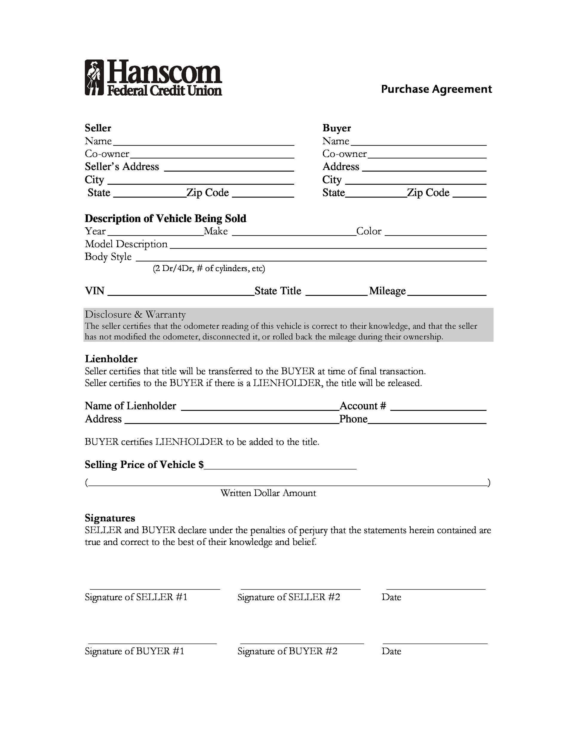 42 Printable Vehicle Purchase Agreement Templates Word PDF 
