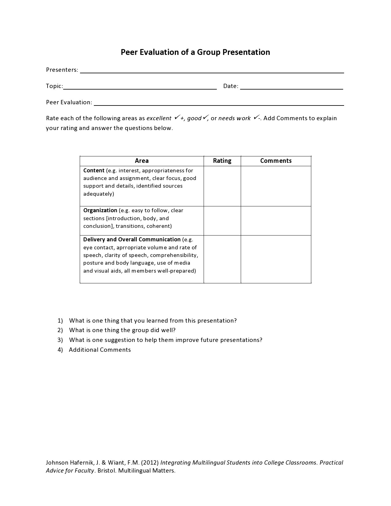 43 Great Peer Evaluation Forms Group Review TemplateLab