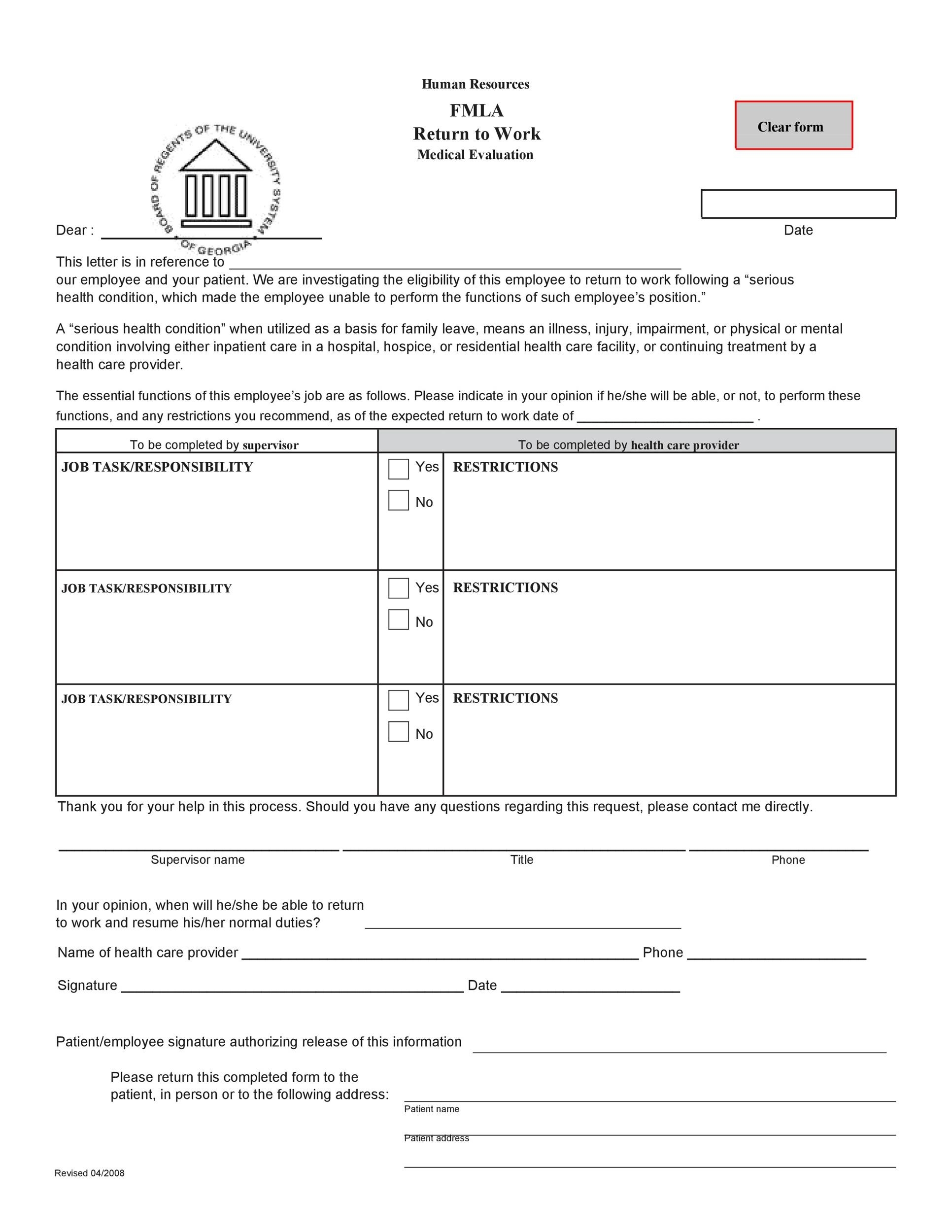 49 Best Return To Work u0026 Work Release Forms TemplateLab