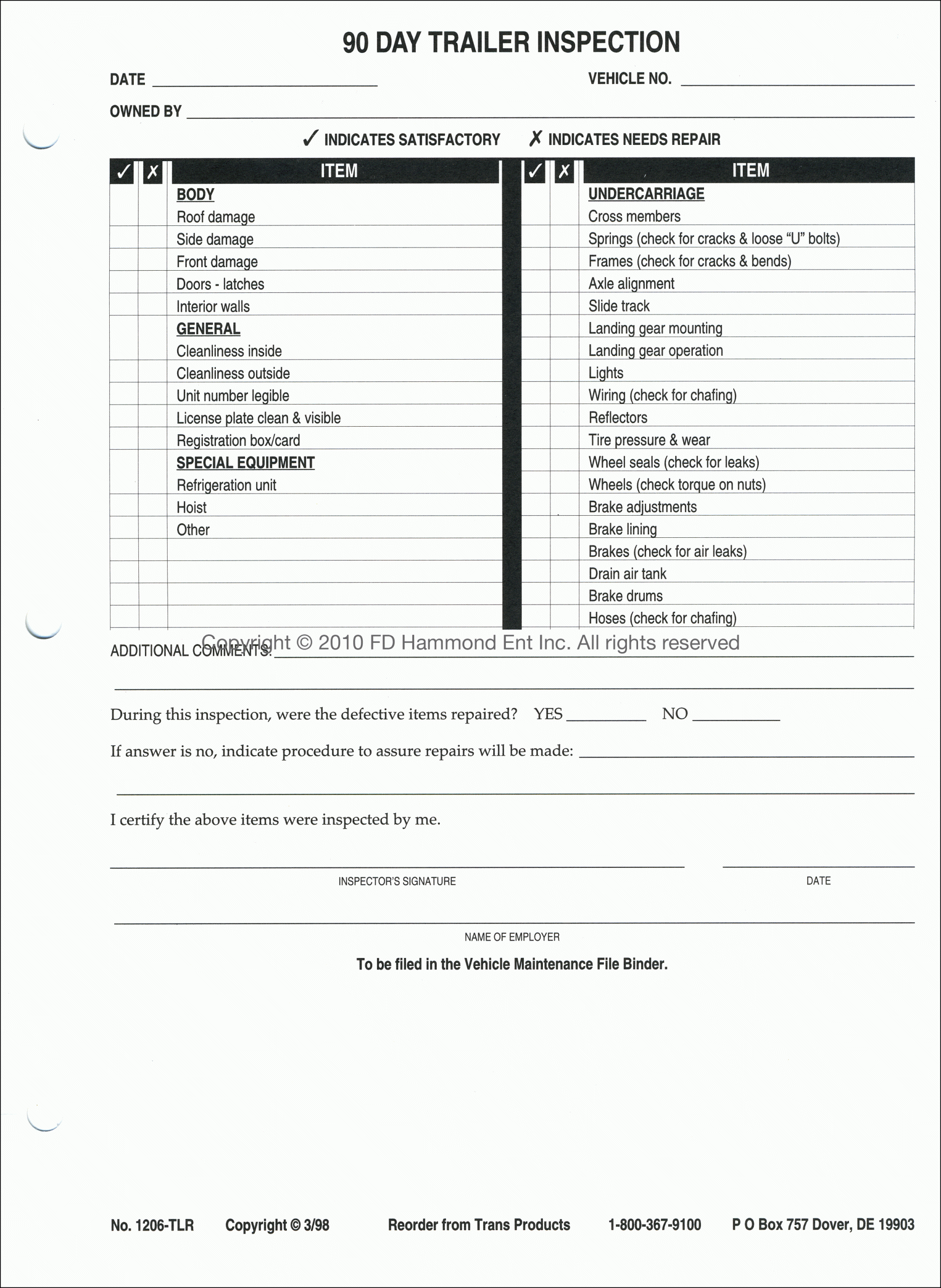90 Day Trailer Inspection Sheets No 1206 TLR