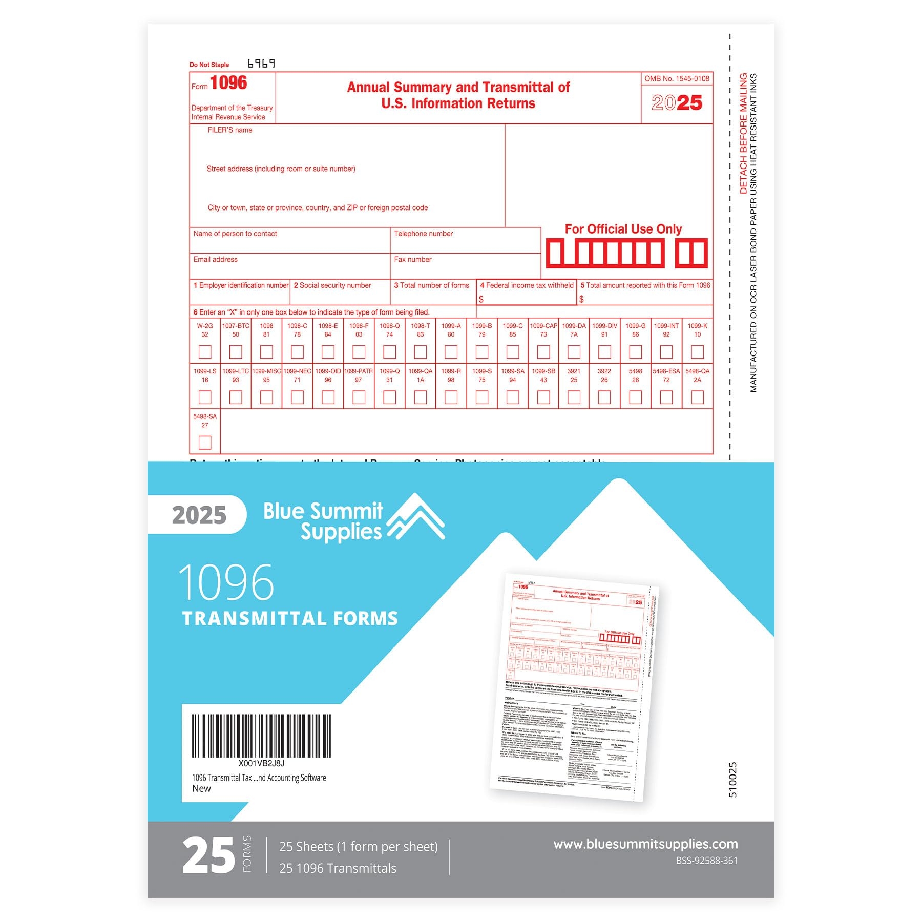 Amazon 1096 Transmittal 2025 Tax Forms 25 Pack Of 1096 Summary Laser Forms Compatible With QuickBooks And Accounting Software Office Products