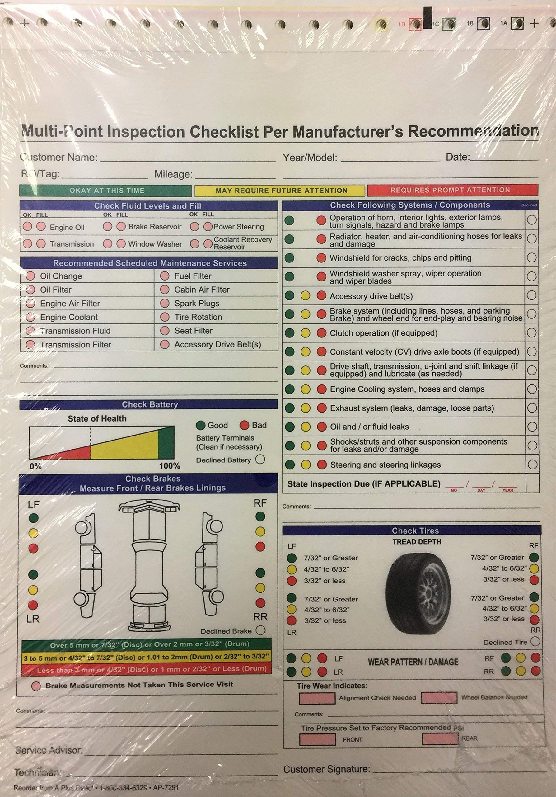 Amazon A Plus Multi Point Inspection Checklist Per Manufacturer s Recommendation Forms 7291 Quantity 250 W15 Office Products