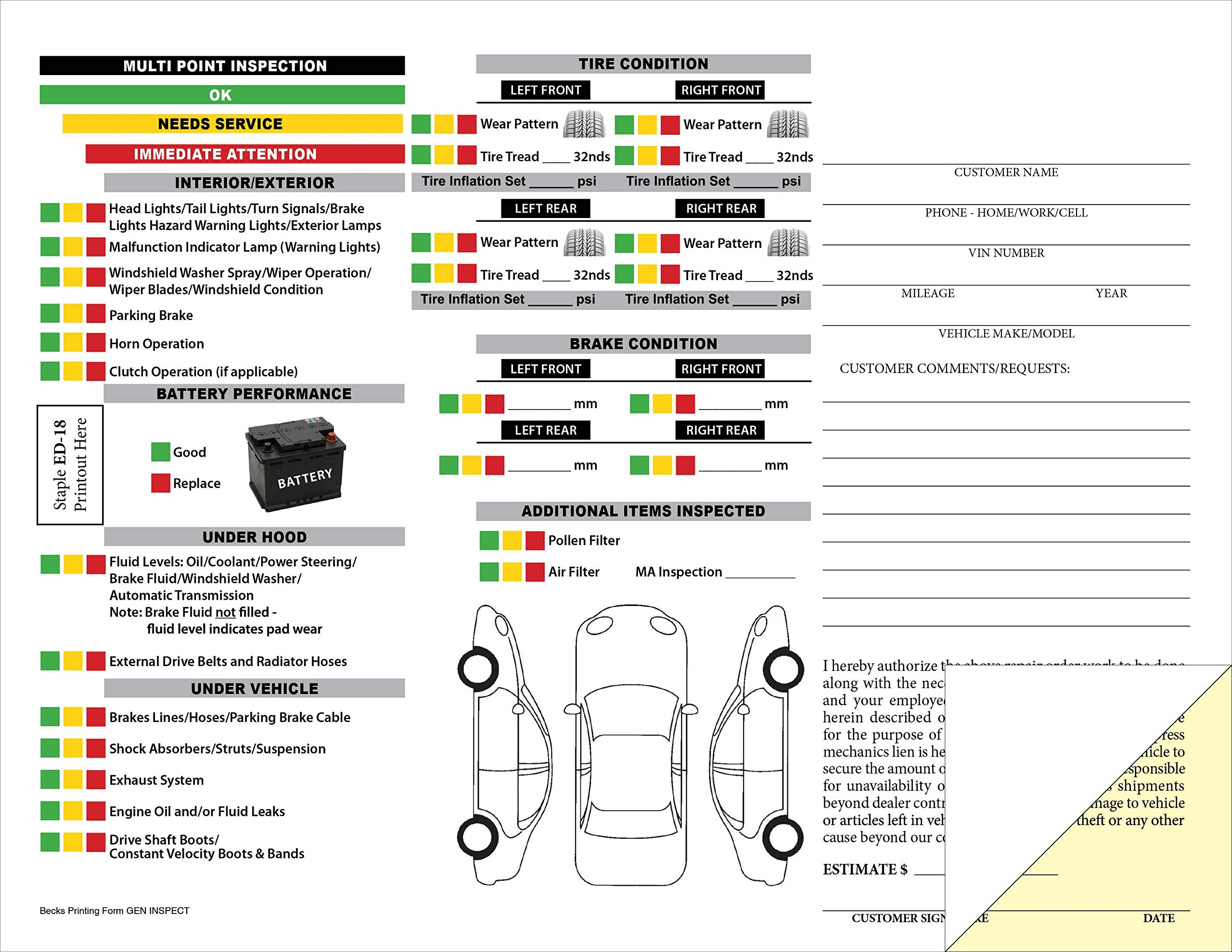 Amazon Automotive Multi Point Inspection Form 2 Part Carbonless Form Pack Of 100 Office Products