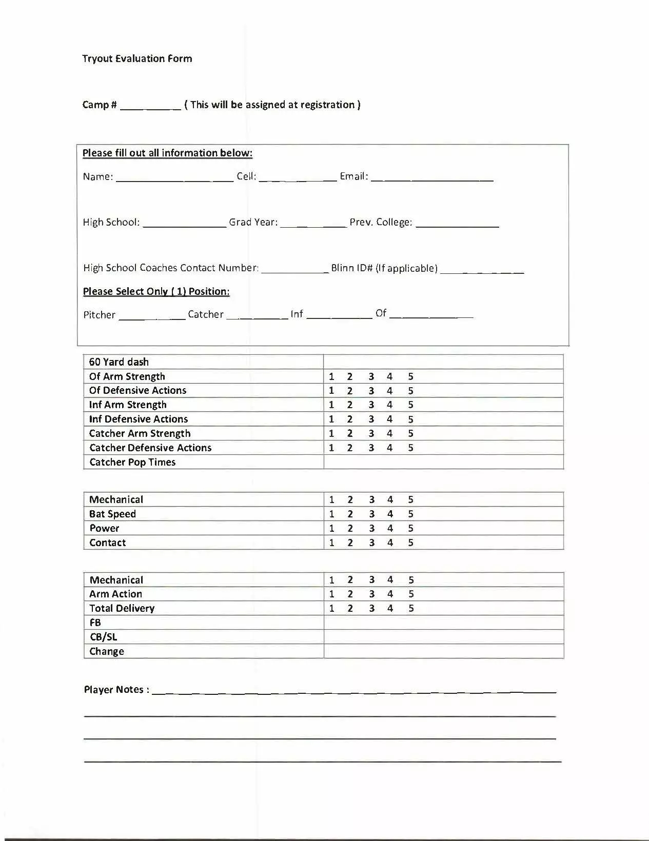 Baseball Evaluation Form Blinn College