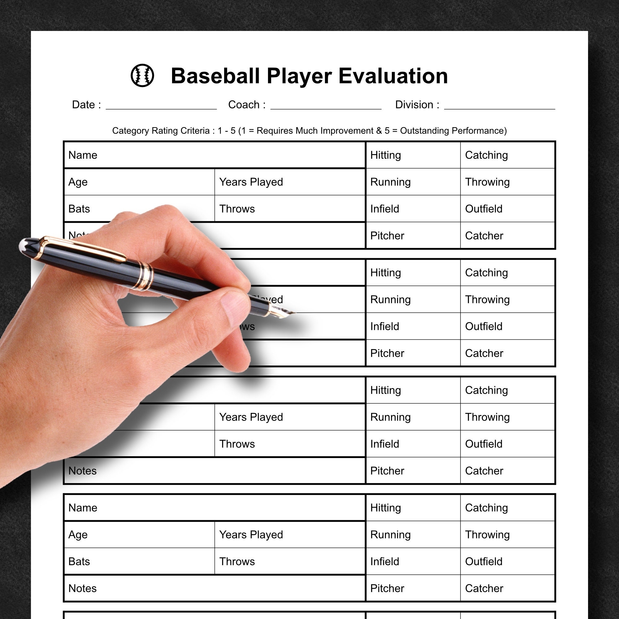 Baseball Player Evaluation Form Skills Assessment Form Tryout Form Printable PDF Instant Download Etsy