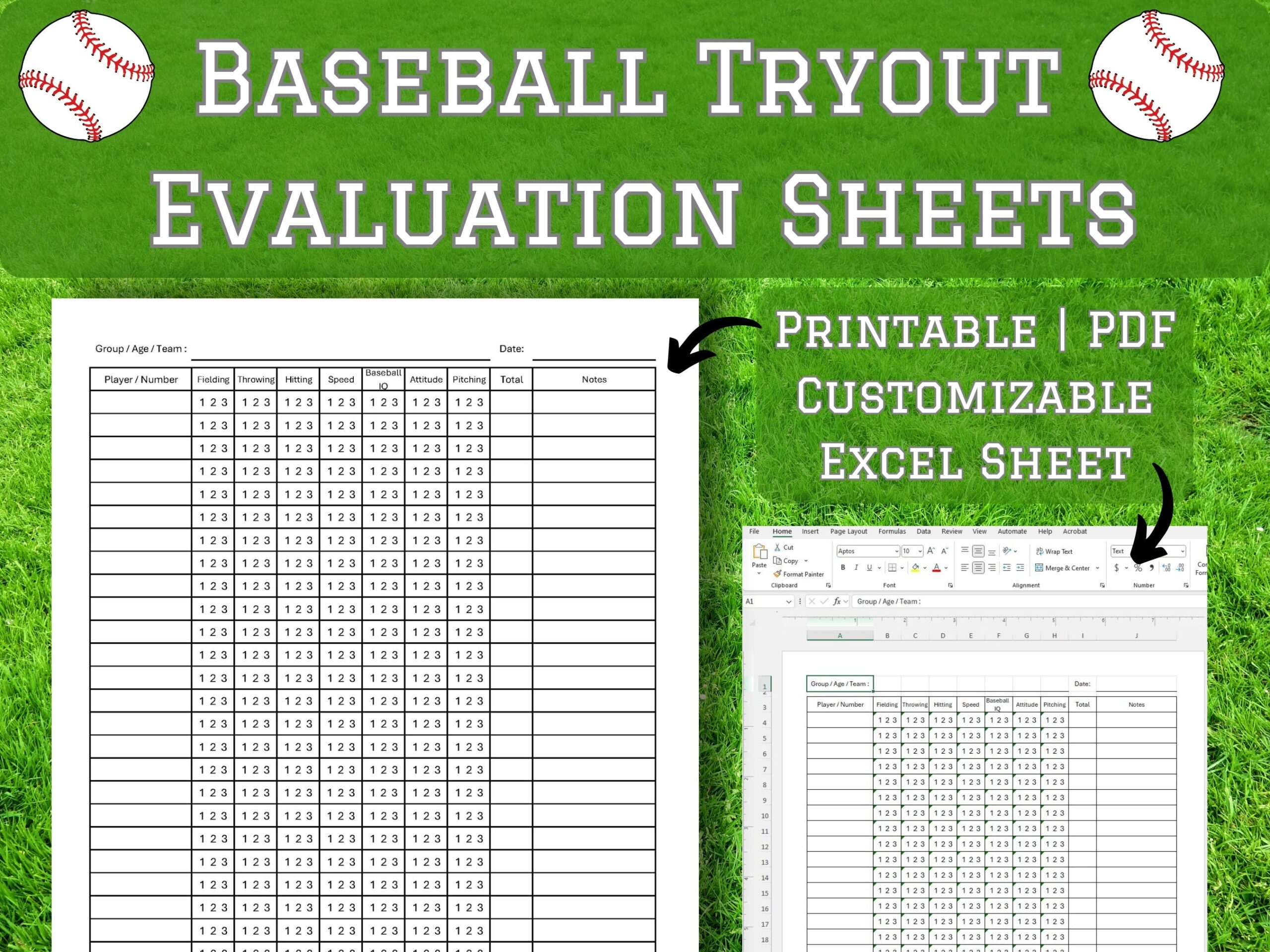 Baseball Tryout Evaluation Sheets PDF U0026 Excel Customizable Etsy Canada