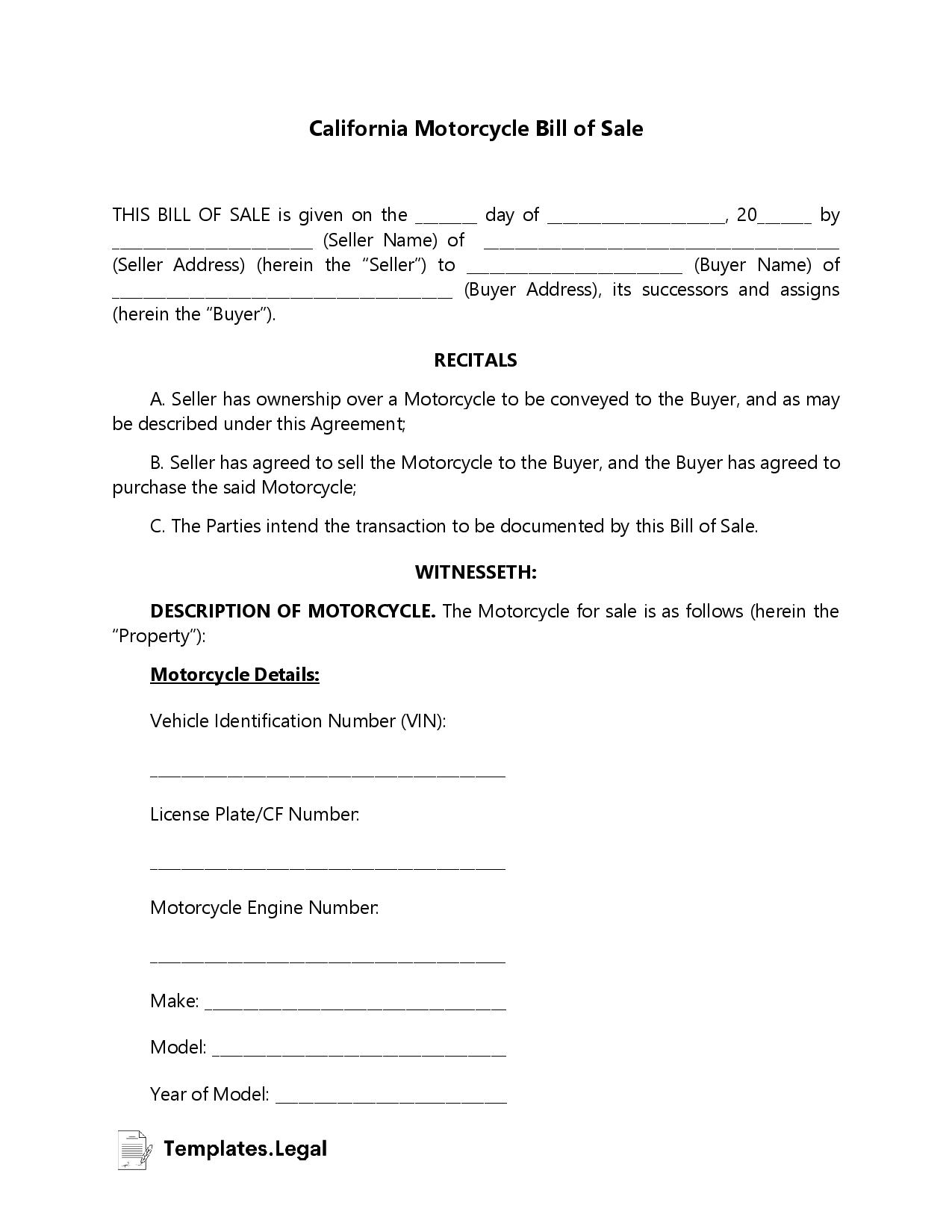 California Bill Of Sale Templates Free Word PDF ODT 