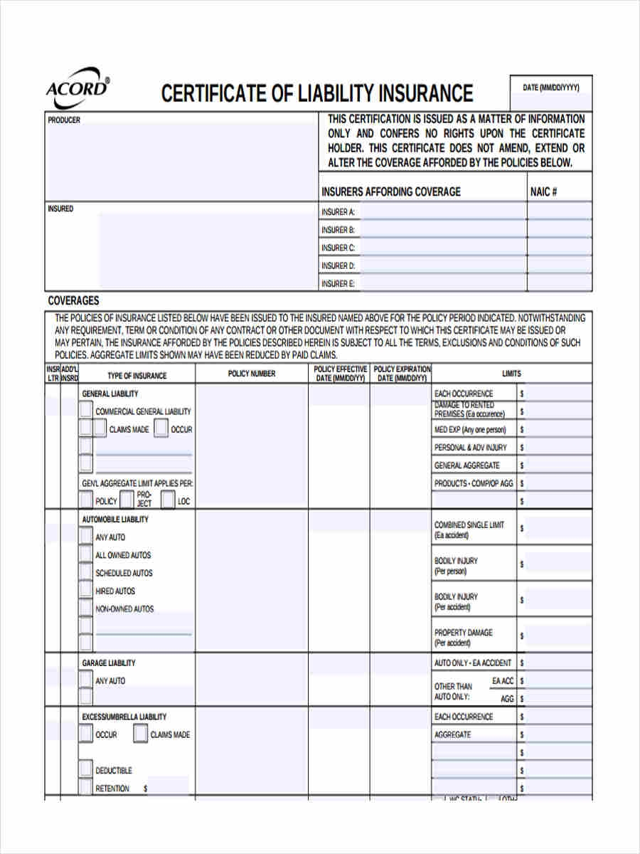 Certificate Liability Insurance Form