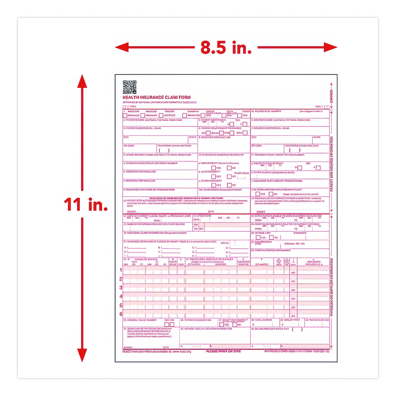 CMS 1500 Health Insurance Claim Form One Part No Copies 8 5 X 