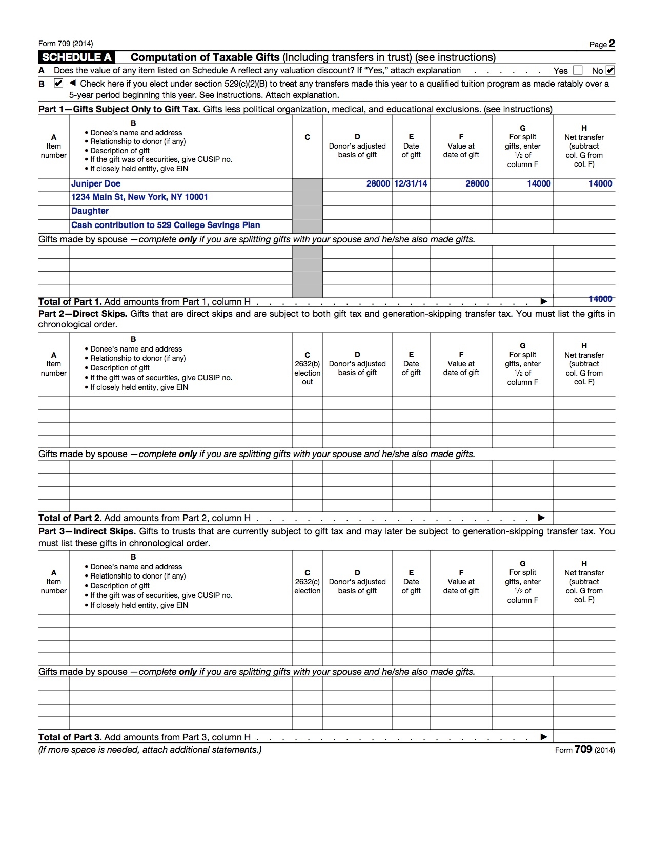 Completed Sample IRS Form 709 Gift Tax Return For 529 Superfunding Front Loading My Money Blog