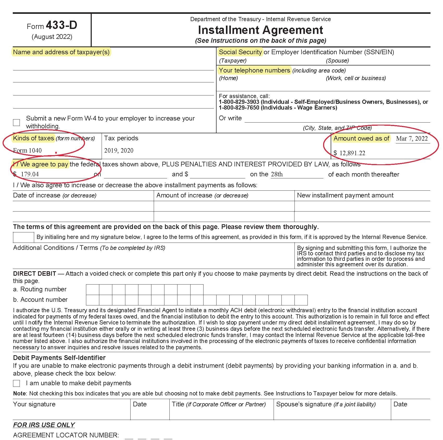 Completing Form 433 D Installment Agreement After IRS Audit Tax 