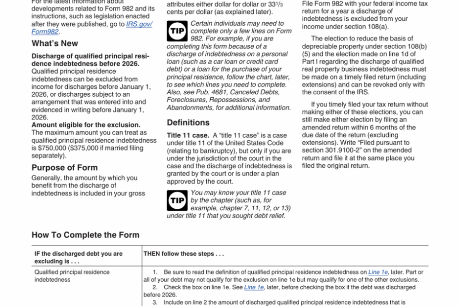 Download Instructions For IRS Form 982 Reduction Of Tax Attributes Due To Discharge Of Indebtedness And Section 1082 Basis Adjustment PDF 2018 2025 Templateroller