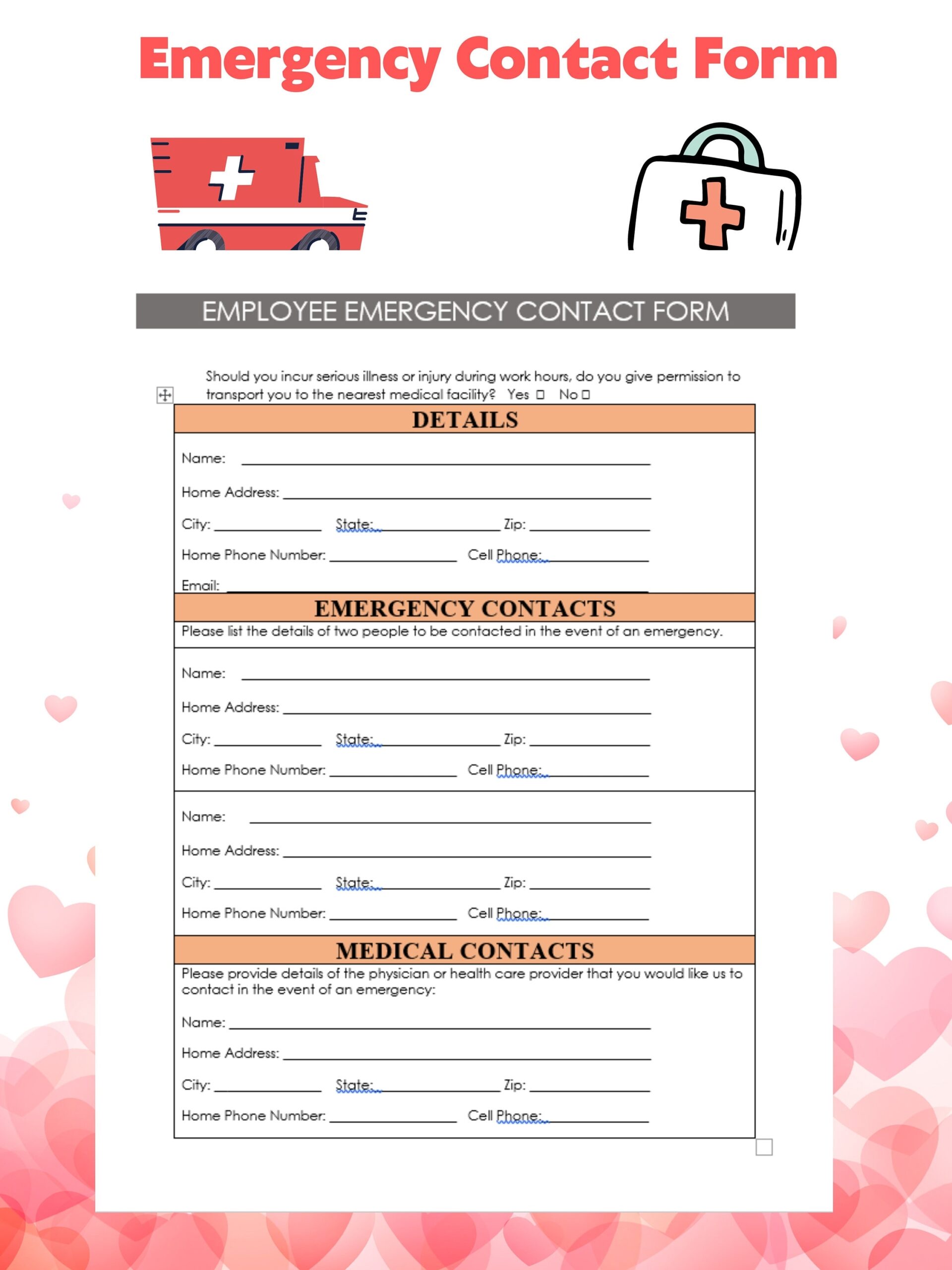 Emergency Contact Form Editable In WORD Emergency Contact Form Emergency Contact Information Template Etsy
