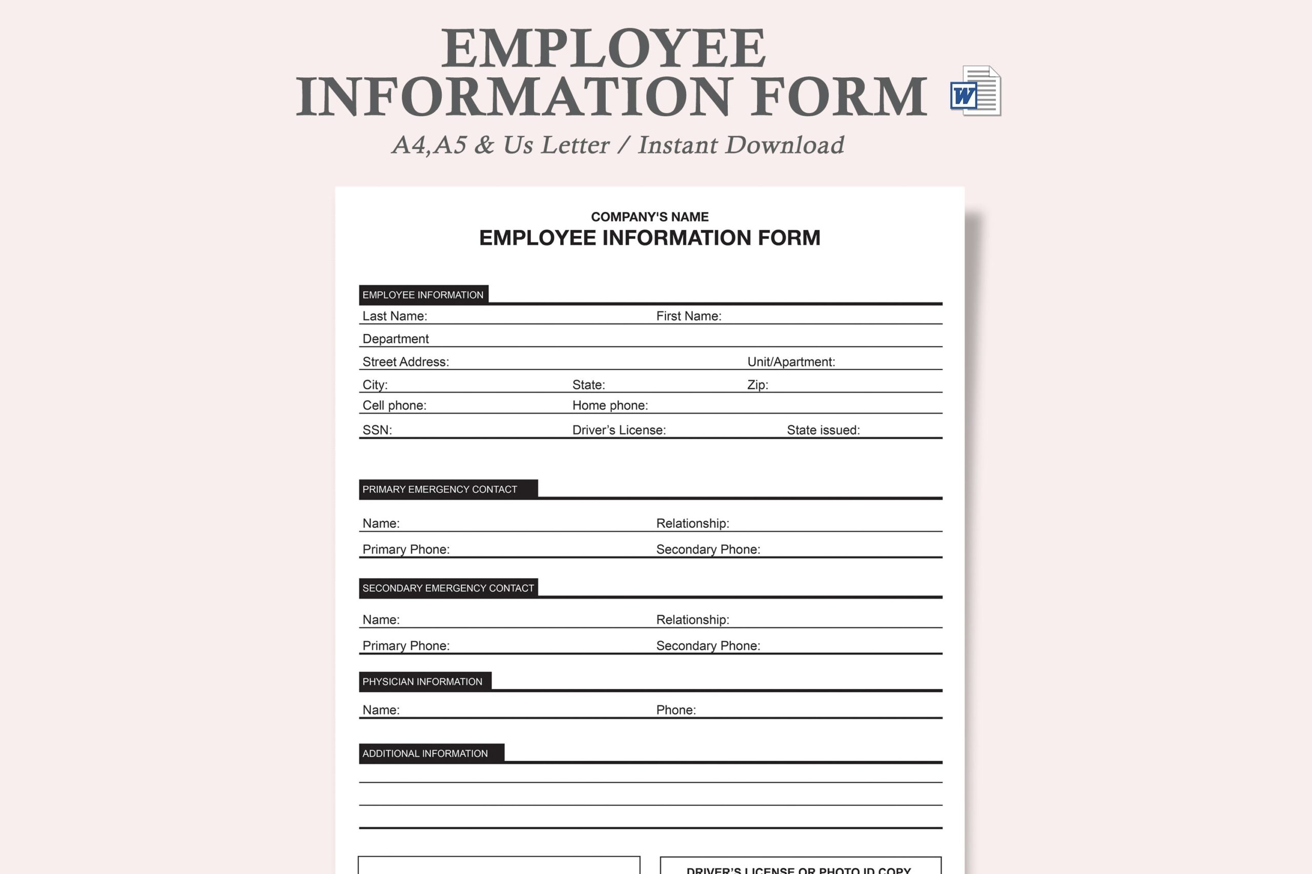 Employee Information Form new Employee Information Form employee Information Form Template employee Contact Information Form Etsy Hong Kong
