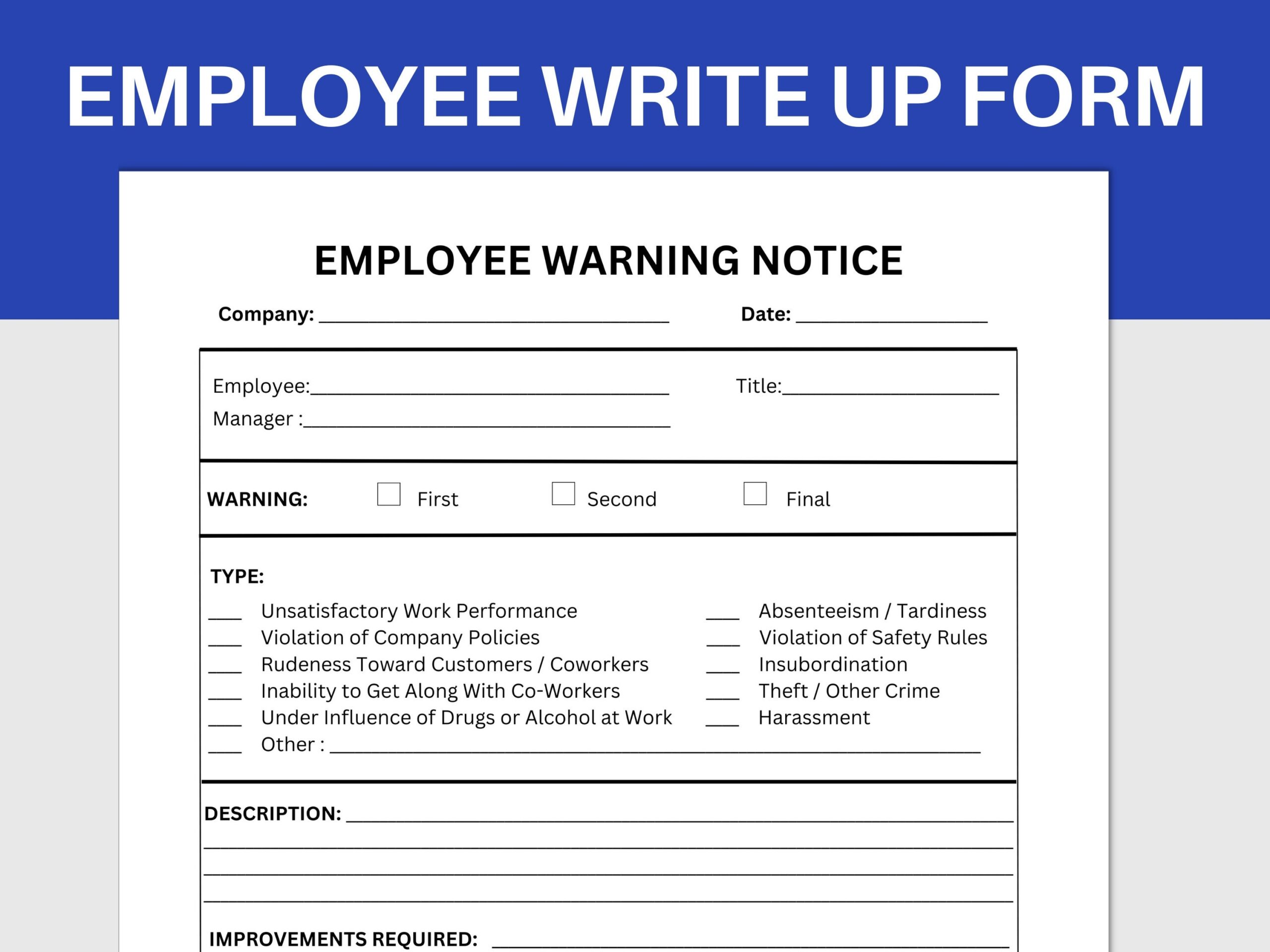 Employee Write Up Form Disciplinary Form Employee Warning Employee Written Warning Employee Performance Form HR Form Disciplinary Etsy
