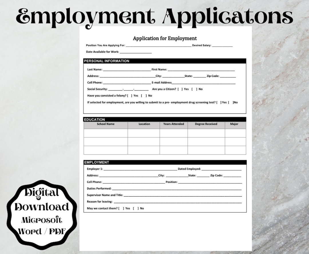 Employment Application Form Template word Printableu0026 Editable Etsy