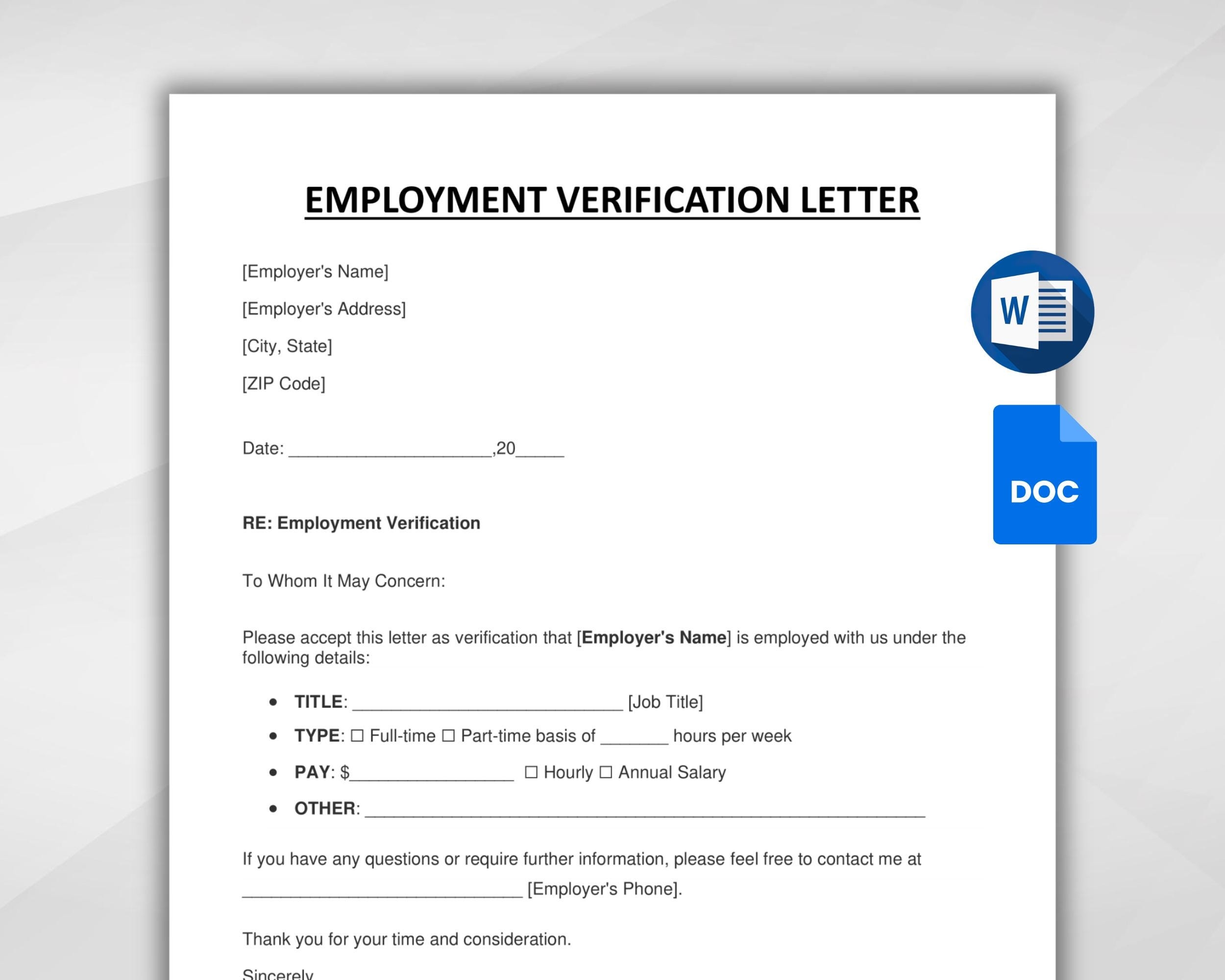 Employment Verification Letter Template Employment Verification Letter Form Job Verification Letter Google Docs ms Word Instant Download Etsy UK