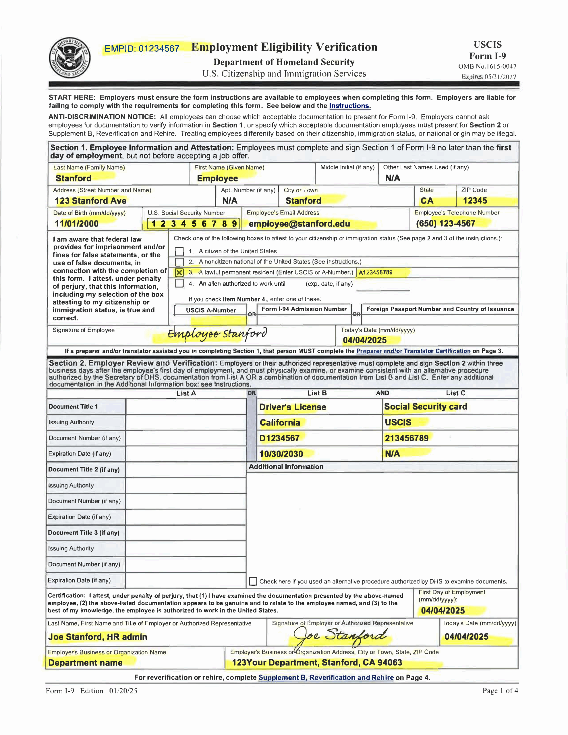 Examples Of Completed Form I 9 For Stanford Examples Of Completed Form I 9 For Stanford