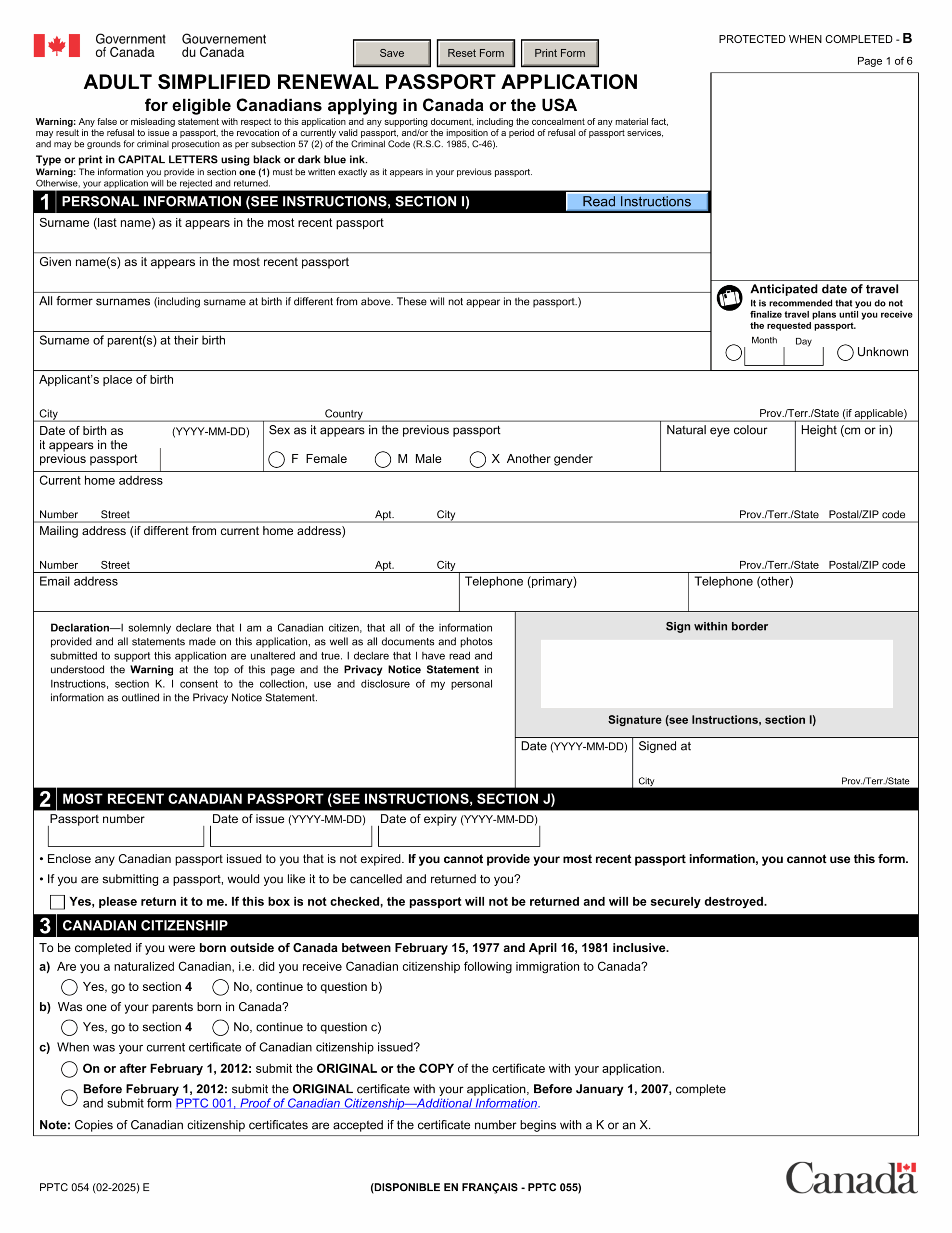 Fill Form PPTC 054 For 2024 2025 Complete Canadian Travel Forms