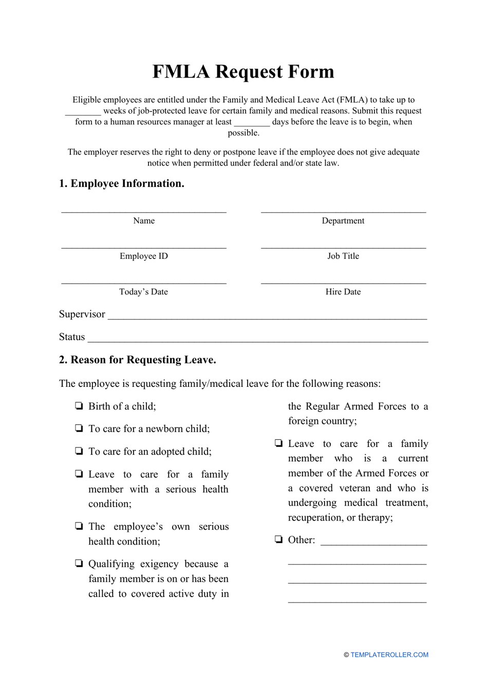 Fmla Employee Request Form Form