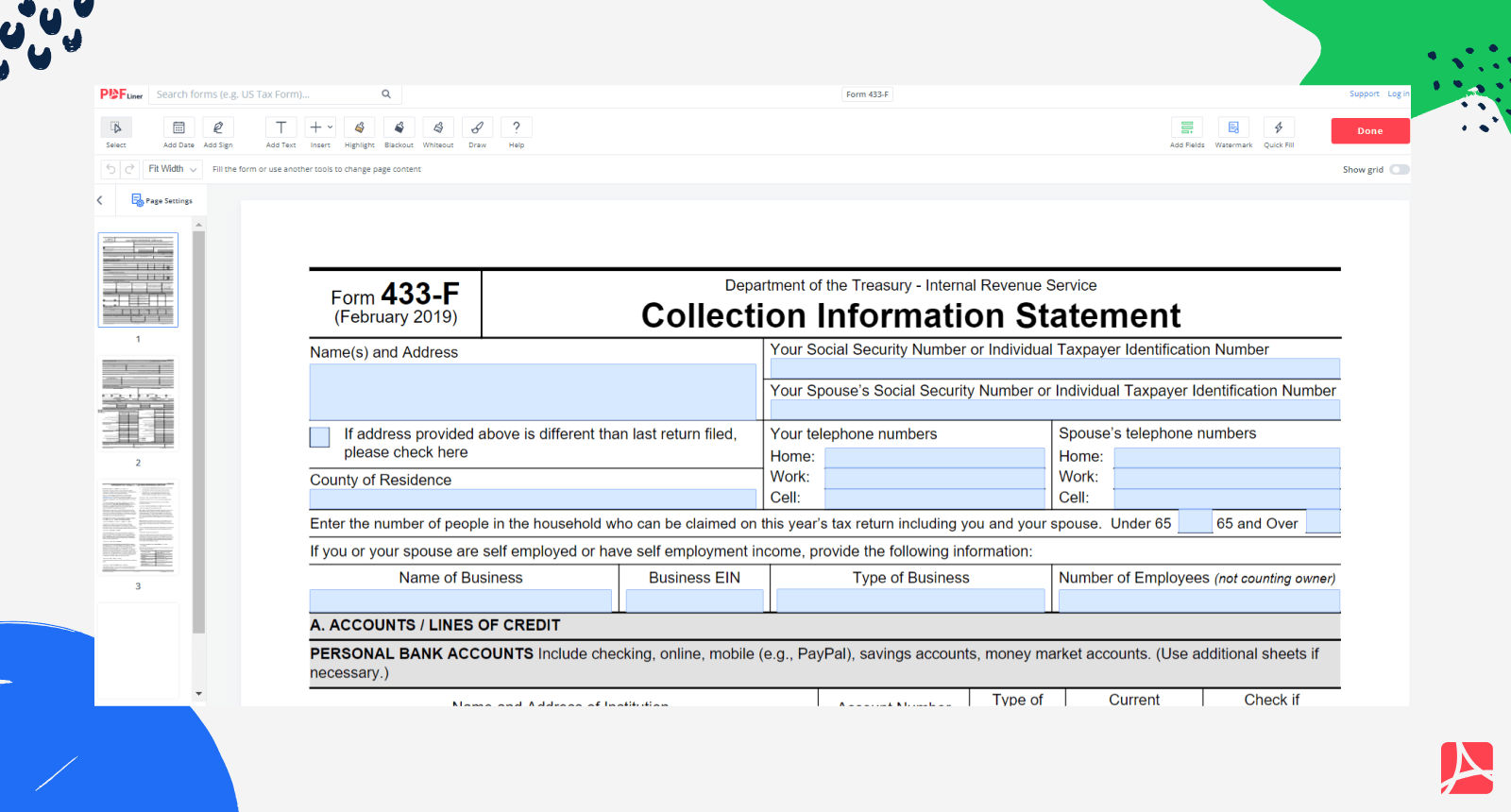 Form 433 F Printable Form 433 F Blank Sign Forms Online PDFliner