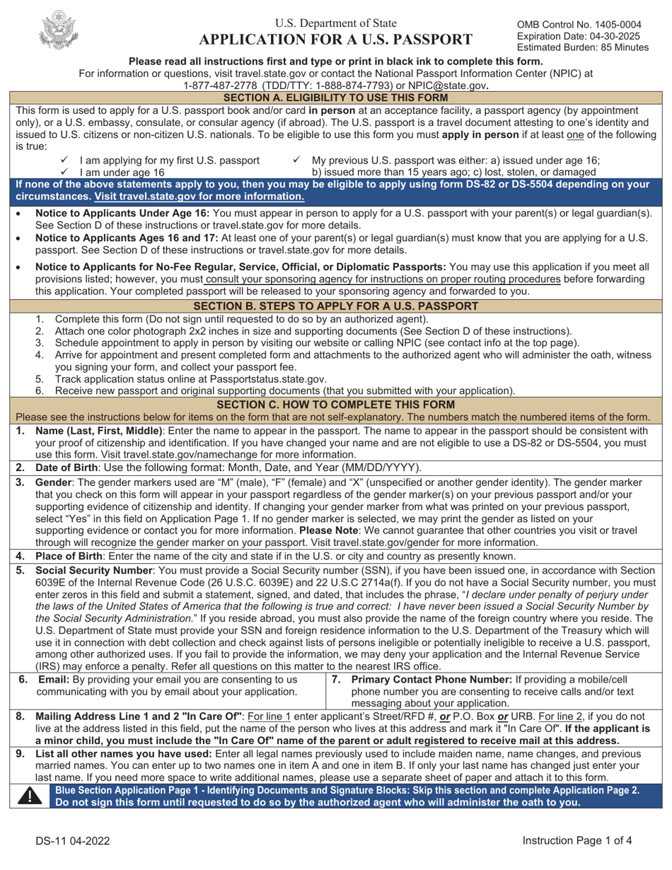 Form DS 11 Download Printable PDF Or Fill Online Application For A U S Passport Templateroller