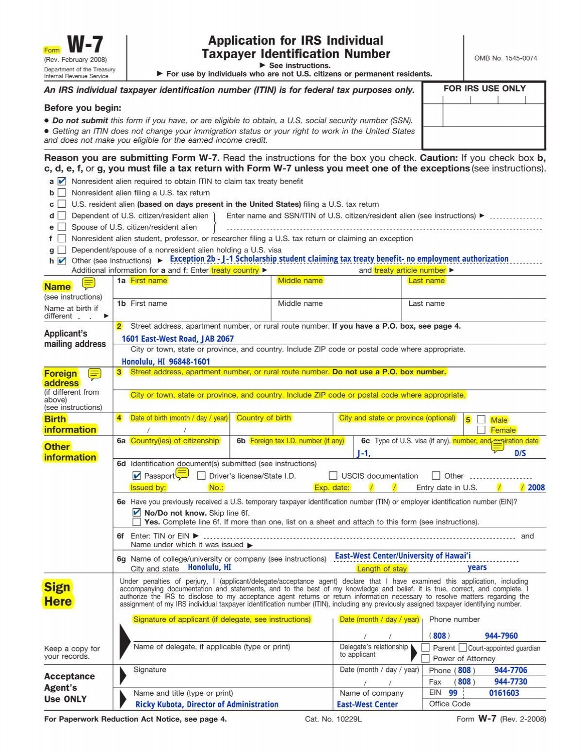 Form W 7 Rev February 2008 East West Center