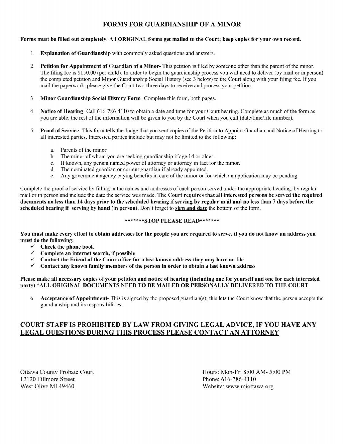 FORMS FOR GUARDIANSHIP OF A MINOR Ottawa County