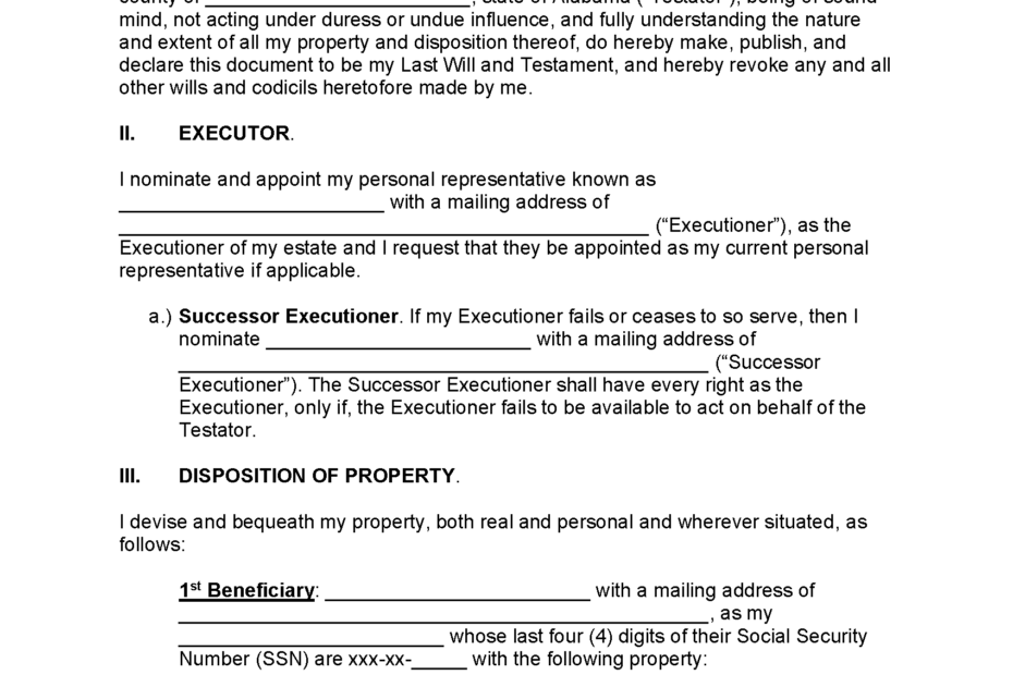 Free Alabama Last Will And Testament Form PDF WORD ODT