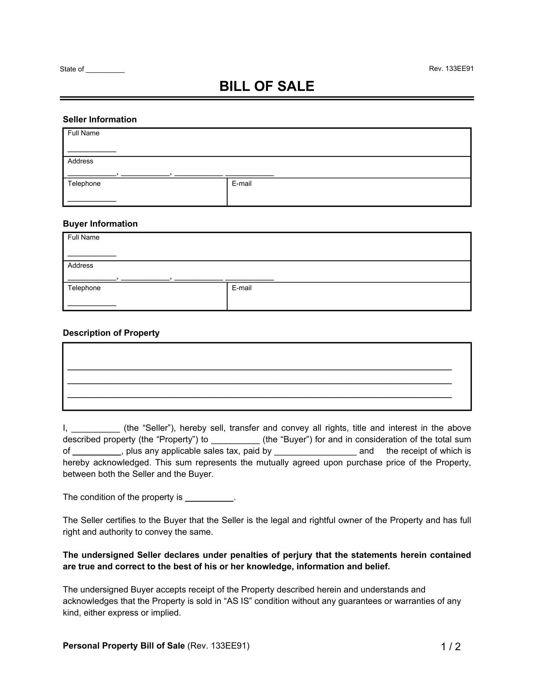 Free Bill Of Sale Templates PDF U0026 Word
