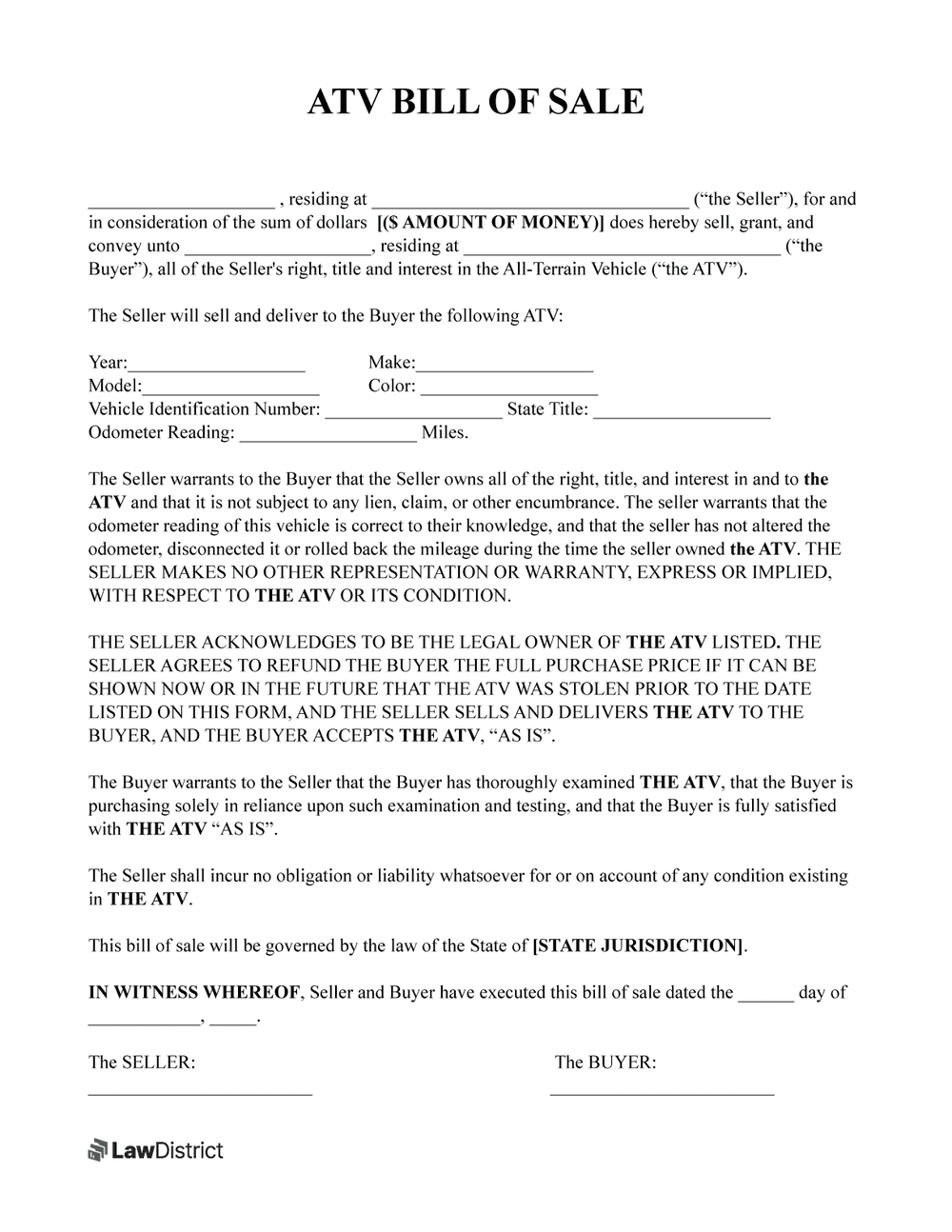 Free Bill Of Sale Templates US PDF U0026 Word Form LawDistrict