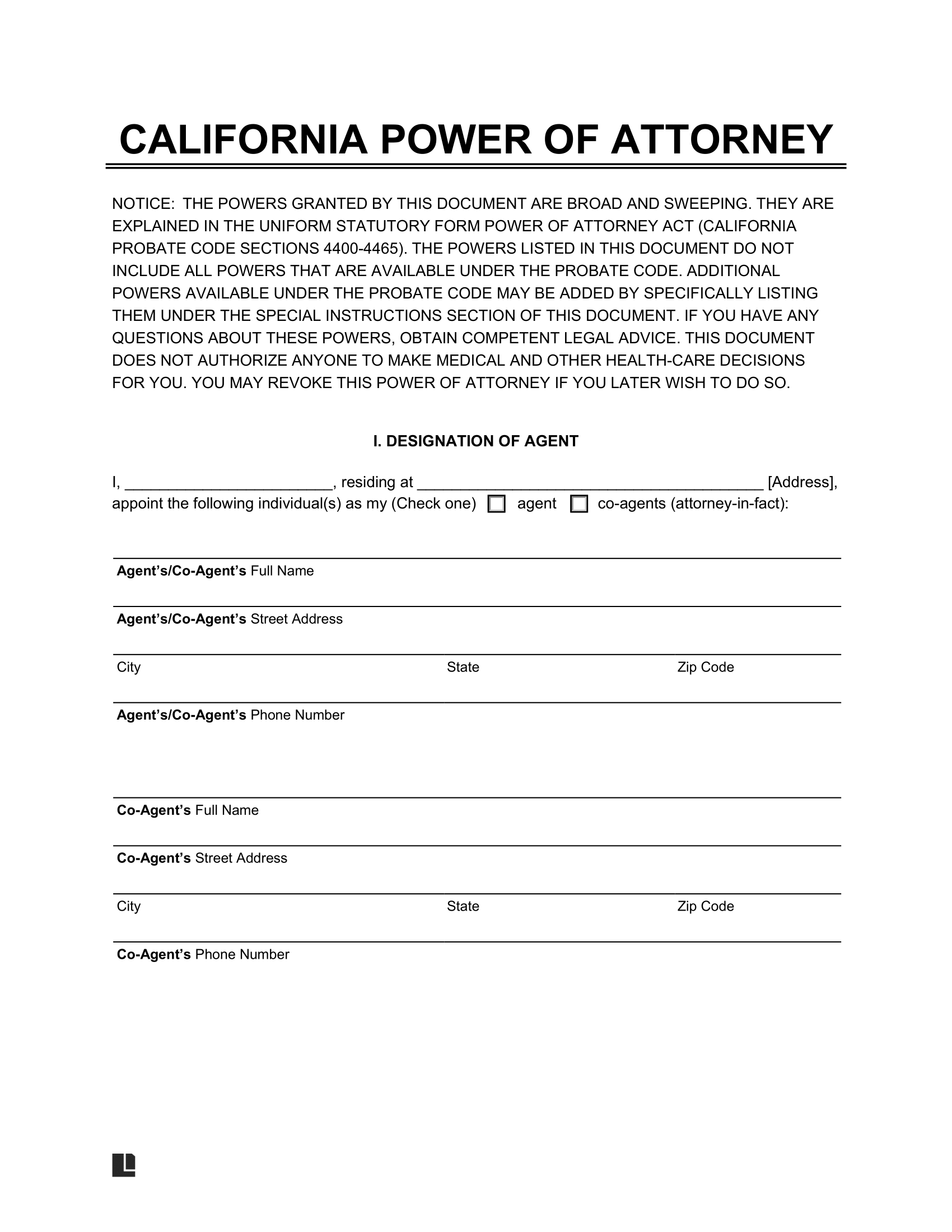 Free California Power Of Attorney Forms PDF U0026 Word