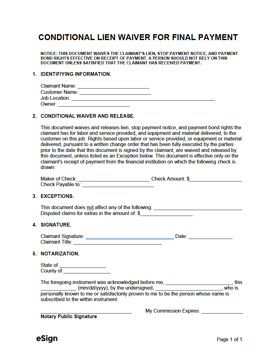 Free Conditional Lien Waiver For Final Payment PDF Word