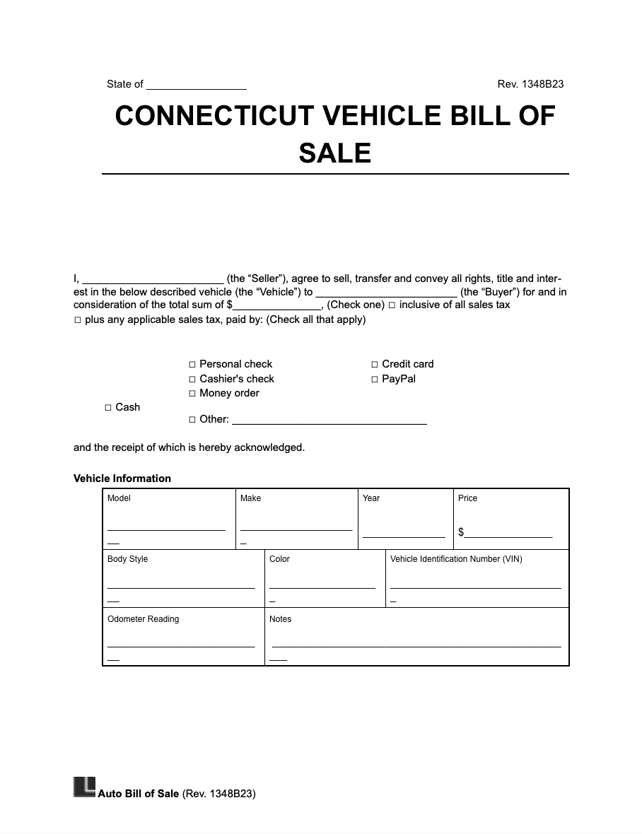 Free Connecticut Motor Vehicle Bill Of Sale Form PDF U0026 Word