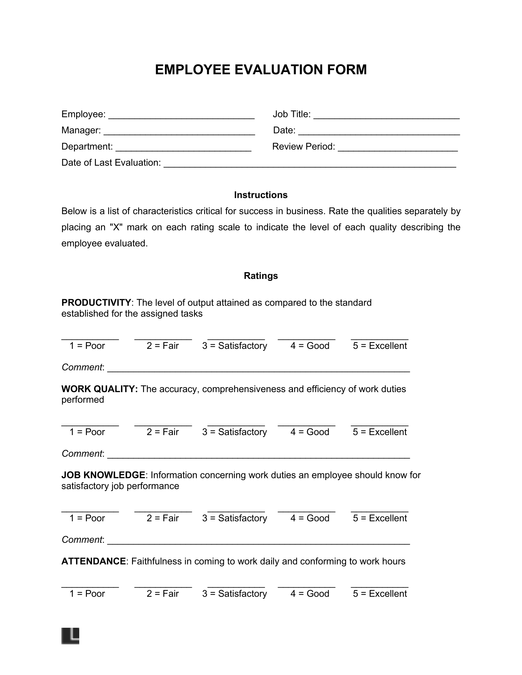 Free Employee Evaluation Template PDF U0026 Word